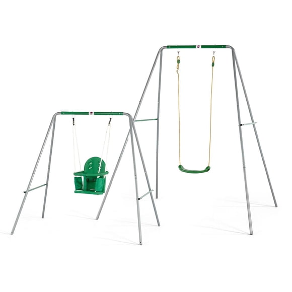 Plum Play 2-in-1 Adjustable Steel Frame Unisex Swing Set in green and silver for ages 18 months to 10 years