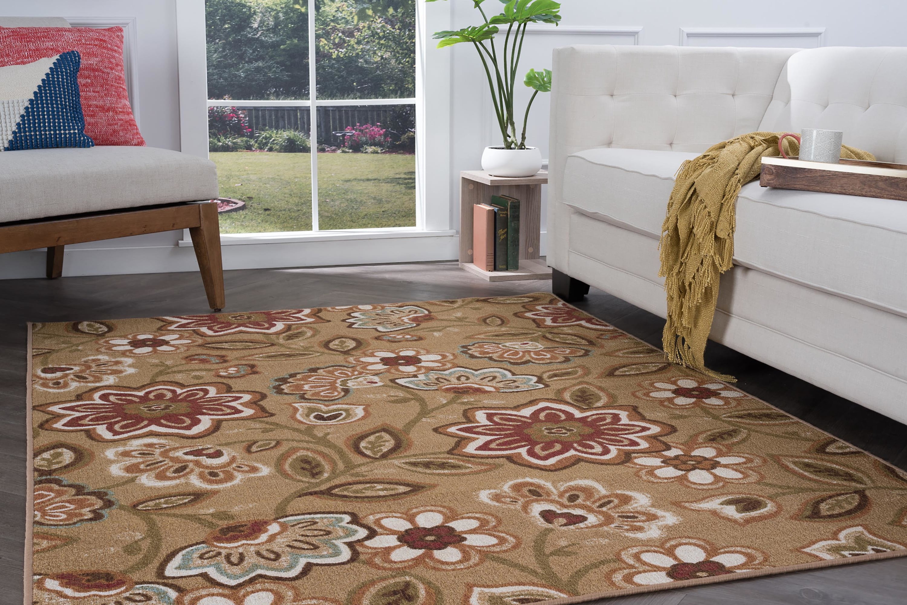 Transitional 5x7 Area Rug (5' x 7') Floral Beige, Brown Living Room Easy to Clean