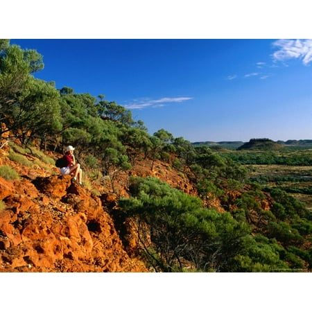 Day-Hiker and View of the Woodstock Hills, Located 95 Kms West of Winton, Queensland, Australia Print Wall Art By Barnett