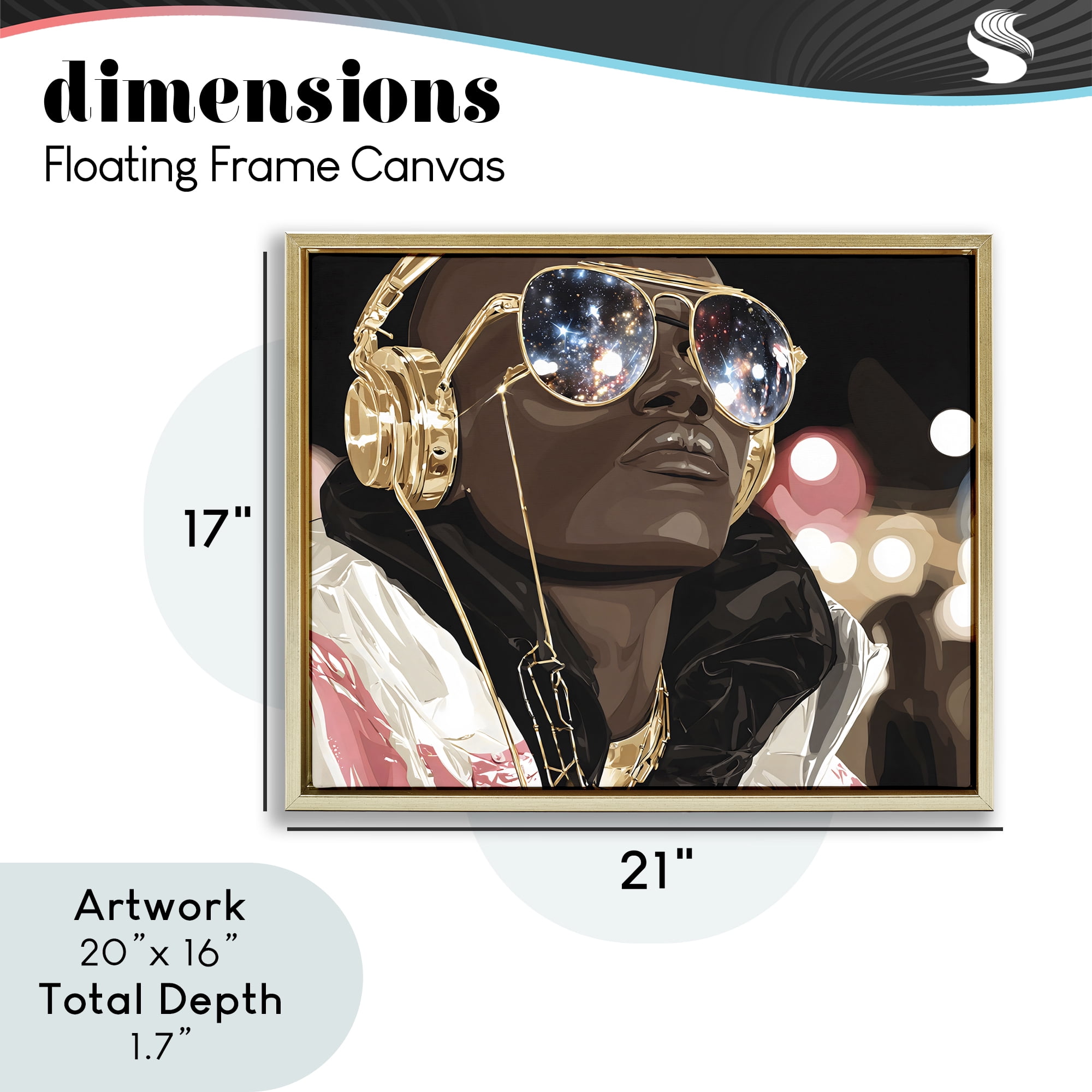 Stupell Industries Starry Eyed Shades with Headphones Gold Framed Floater Canvas Wall Art, design by Franklyn Gregory