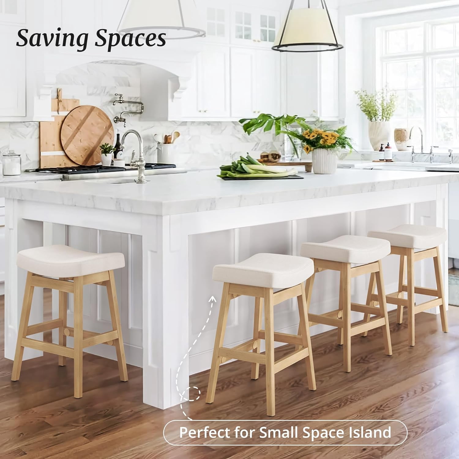 Dycanpo Saddle Seat Counter Height Bar Stools Set of 2 for Kitchen, Dining, 24in, Beige-Fabric