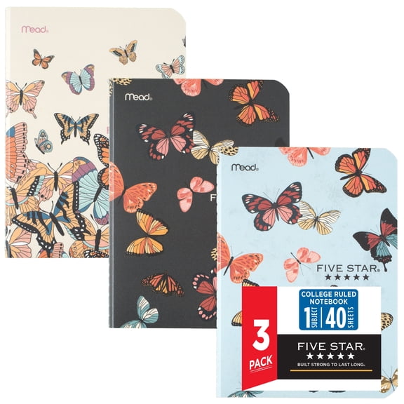 Five Star 3-Pack Notebook Butterfly Design, 80 Sheets, College Ruled