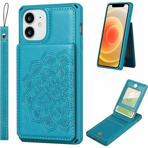 for iPhone 12 Mini Wallet Case with RFID Blocking Card Holder,PU Leather Magnetic Buttons Portrait Stand Flip Wrist Strap Shockproof Case for iPhone 12 Mini 5.4 Inch,Mandala Blue