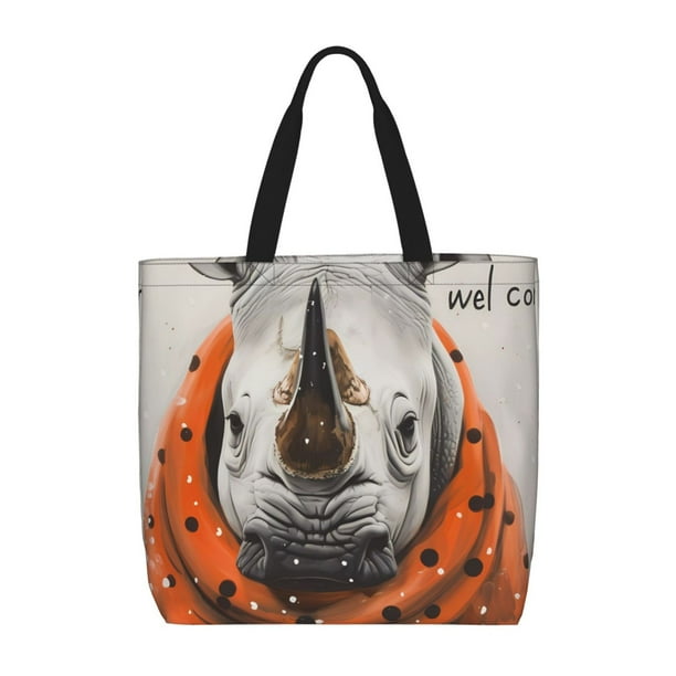 Fotbe Polka Dot Rhino Welcome Bolsa Tote con Estampado para Mujer, Bolsos con Cremallera, Bolsa de Hombro Casual de Gran Capacidad con Bolsillos Internos