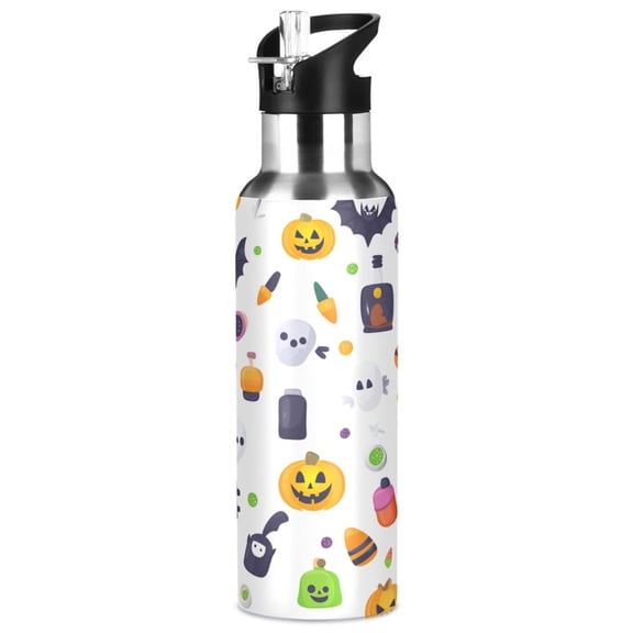 1000ml Vacuum Insulated Sports Water Bottle with Foldable Straw Stainless Steel Portable Thermos Cup Cartonn Halloween Partten