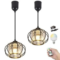 Kiven Battery Operated Pendant Light with Remote,Set of 2 Rechargeable Hanging Pendant Light Adjustable Height with Crystal Lampshade for Bedroom Kitchen Home Decor Black TB2982