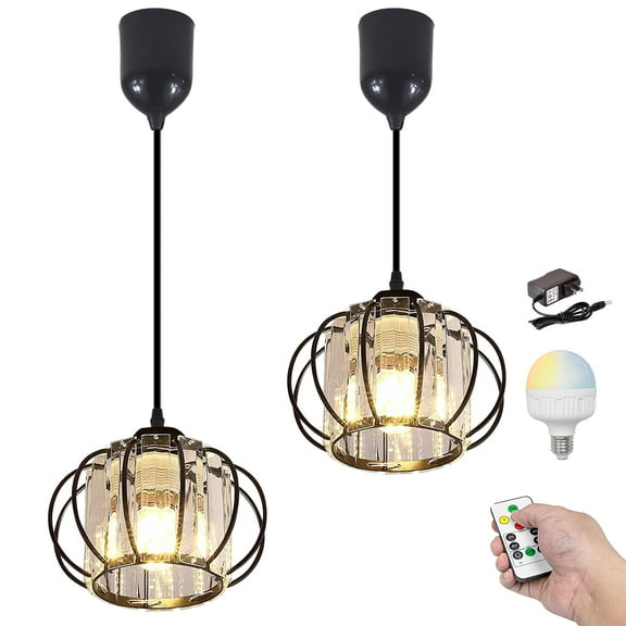 Kiven Battery Operated Pendant Light with Remote,Set of 2 Rechargeable Hanging Pendant Light Adjustable Height with Crystal Lampshade for Bedroom Kitchen Home Decor Black TB2982