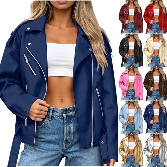 Sevevn Women's Faux Leather Jacket Lapel Zip Long Sleeve Oversized Coat with Belt Blue 5XL