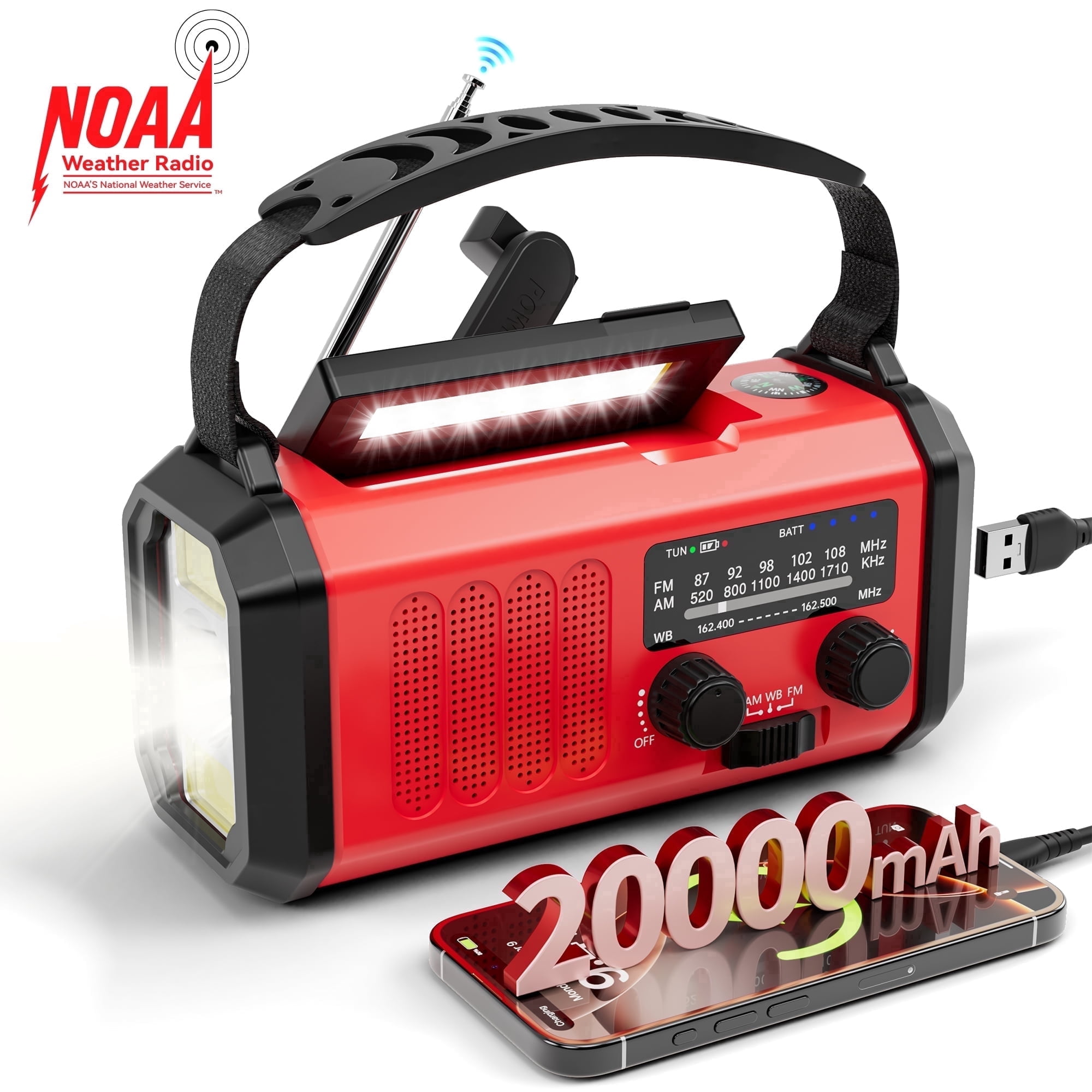 Baxlen 20000mAh Emergency Weather Radio, Noaa/AM/FM/WB, Solar Hand Crank, LED Flashlight, Red