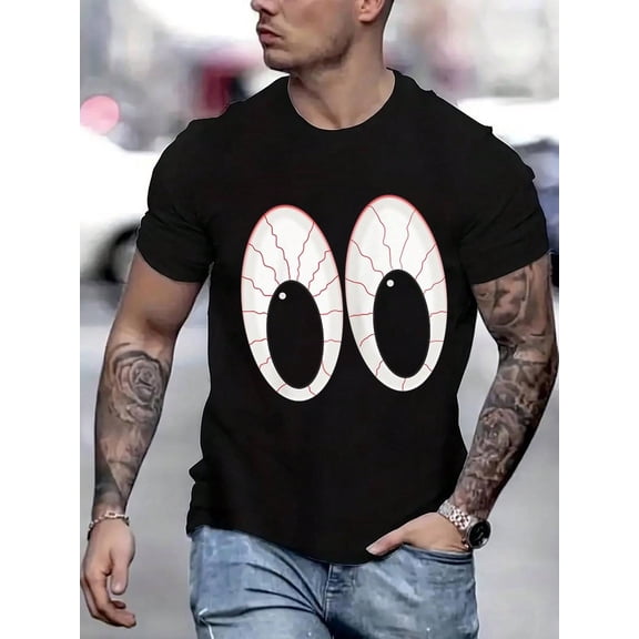 100 Cotton Graphic Tees Halloween Cute Spooky Eyeballs T-Shirt Crew Neck Short Sleeve T-Shirt, Casual Print Graphic Cotton Tees Men Tops