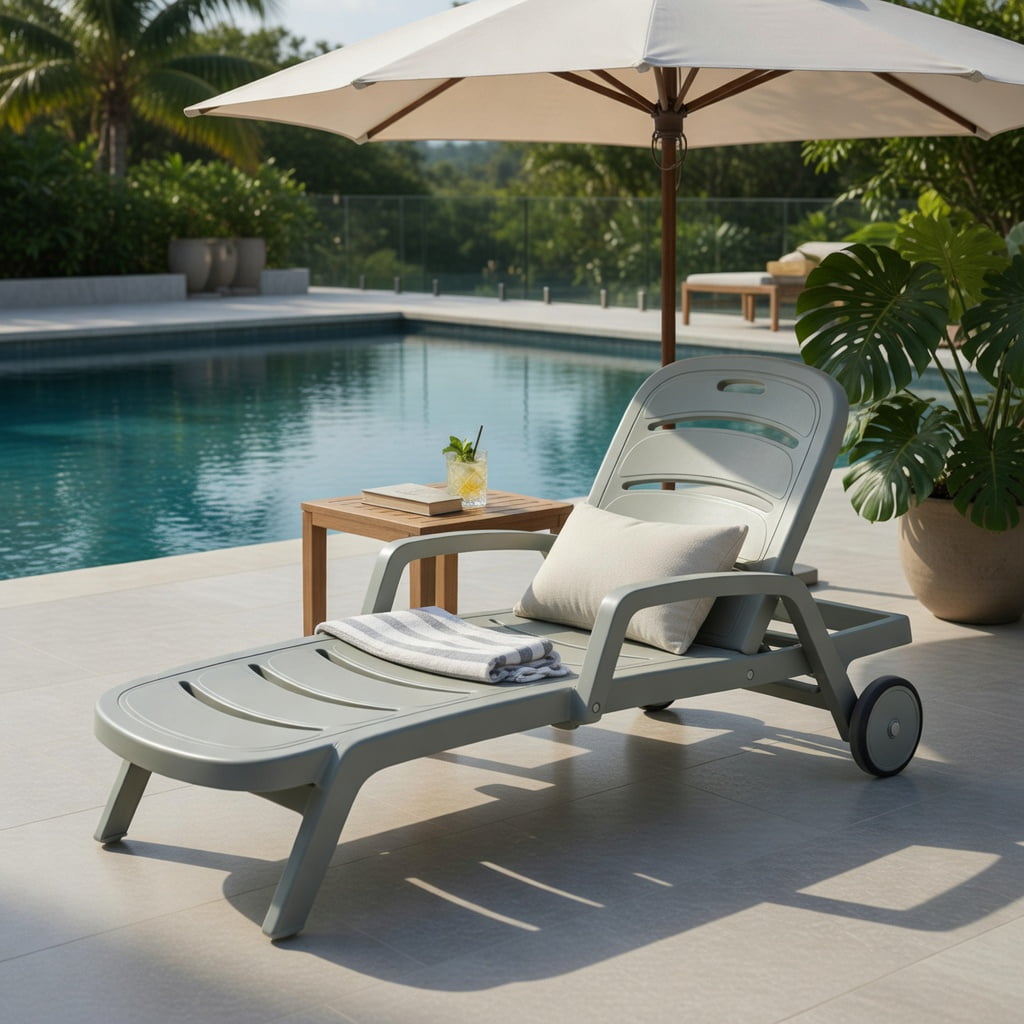 Hommoo 5-Position Adjustable Outdoor Folding Chaise Lounge Chair, Heavy-Duty PP Patio Lounger with Dual Wheels, Gray