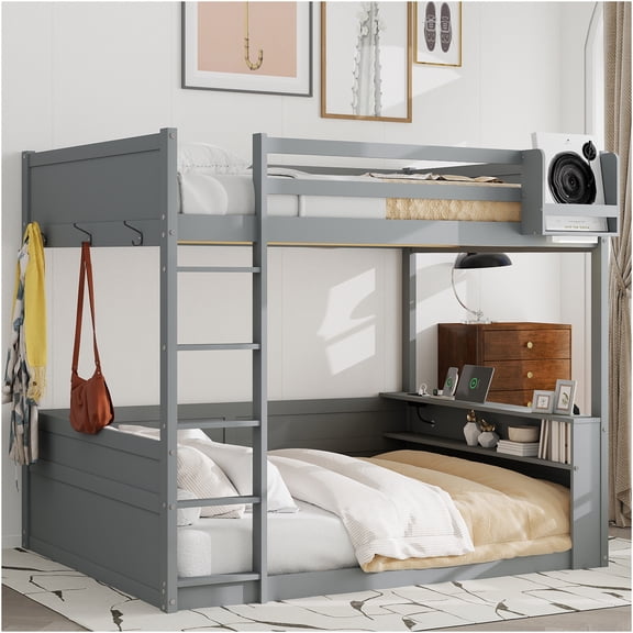 JERFIT Grey Queen Loft Bunk Bed with Shelves, Storage Drawer, USB Charging & LED Light, Solid Wood Platform Bed Frame