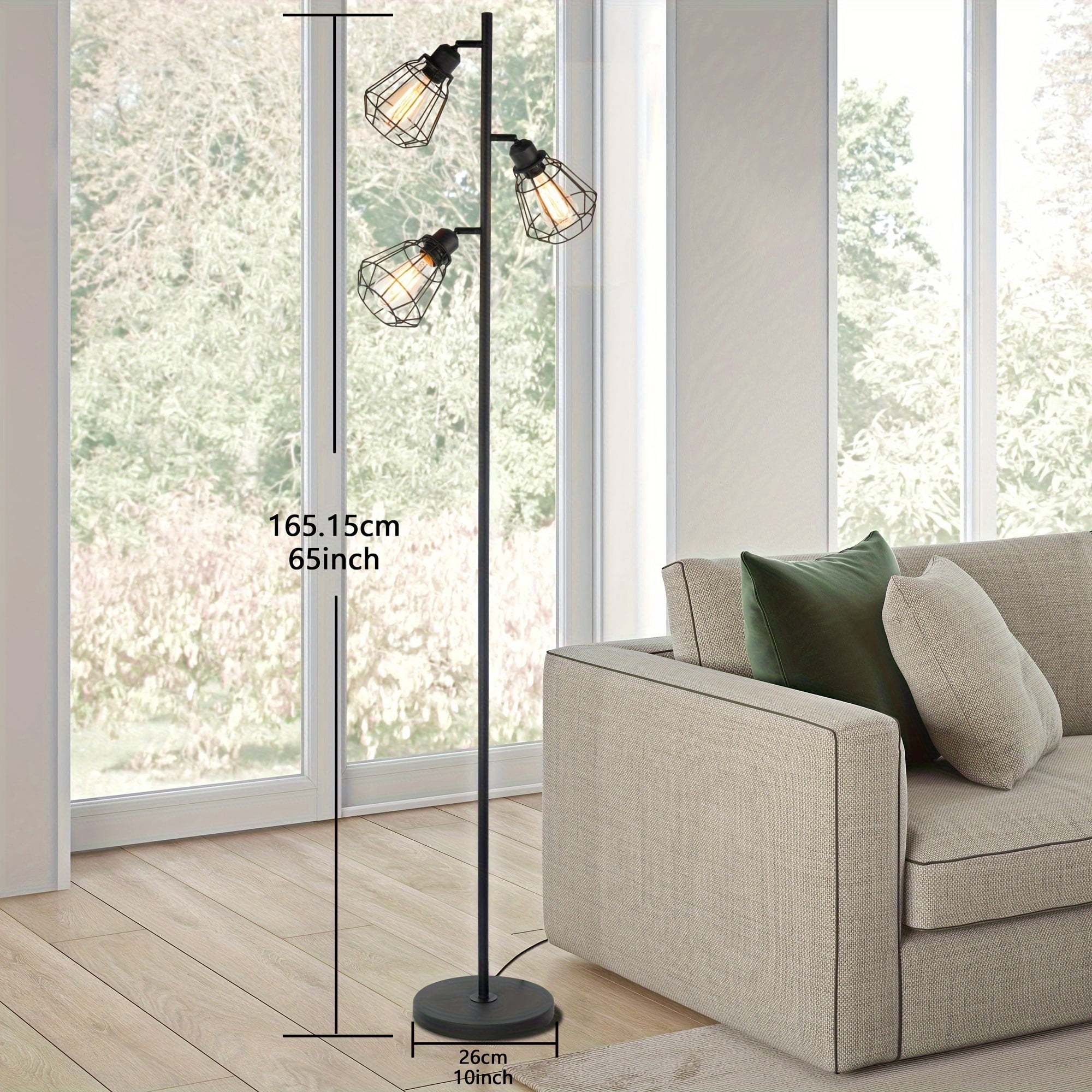 Tree Floor Lamp for Living Room with 3 Elegant Teardrop Heads And ST64 Edison Bulbs, Sturdy Base, Tall Vintage Pole Lamp for Cottage Rustic Bedroom Office