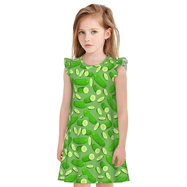 Balery Green Cucumber Camisón de princesa para niñas, pijama de algodón con mangas abullonadas, suave y bonito.-Large