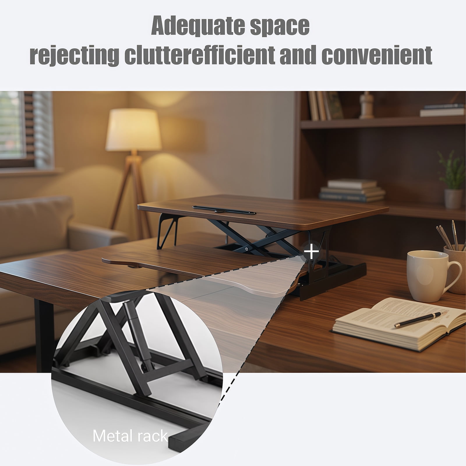 Standing Desk Converter, 32 Inch Standing Desk Adjustable Height for Table Tops and Home Office, Desk Riser Computer Workstation with Wide Keyboard Tray 2-Tier Desktop, Walnut Color
