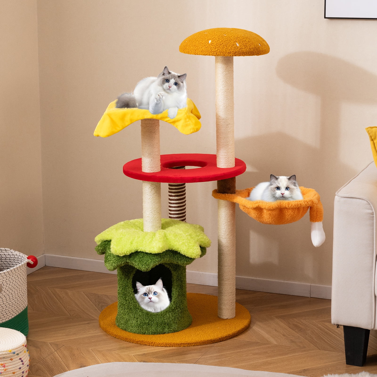 Gymax 46'' Tall Cat Tree w/Hanging Basket Bed Condo Padded Perch Sisal Scratching Posts
