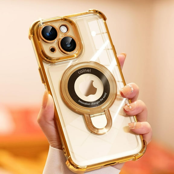 for iPhone 13 Case with Integrated Lens Protection, [Foldable Stand & Ring Holder] [Compatible with Magsafe], Glossy Shockproof Bumper Stylish Women Case for iPhone 13, Gold