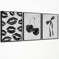 Hieng Coquette Bow Lip Wall Art Vintage Fashion Black and White Cherry Posters Preppy Aesthetic Picture Ma Cherie Canvas Prints for Girly Dorm Bedroom Wall Decor（Only canvas）