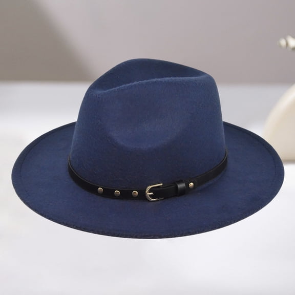 British Jazz Hat Chain Decorated Wide Brim Fedora for Elegant Cowboy Style Navy One Size