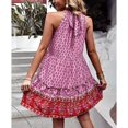 thumbnail image 3 of Vestidos con cuello halter Sin mangas Boho Estampado en niveles Vestido casual con dobladillo grande y fluido para verano Rosa L, 3 of 6
