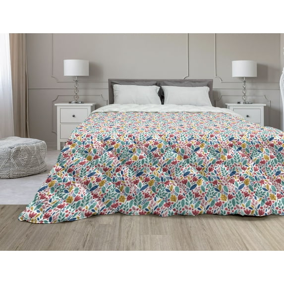 Geometric Down Alternative Comforter, Circle Zig Zag Waves Mathematical Forms Lifestyle Illustration, Microfiber Quilt for All Season, 5 Sizes, Pale Blue Cream Red, by Ambesonne