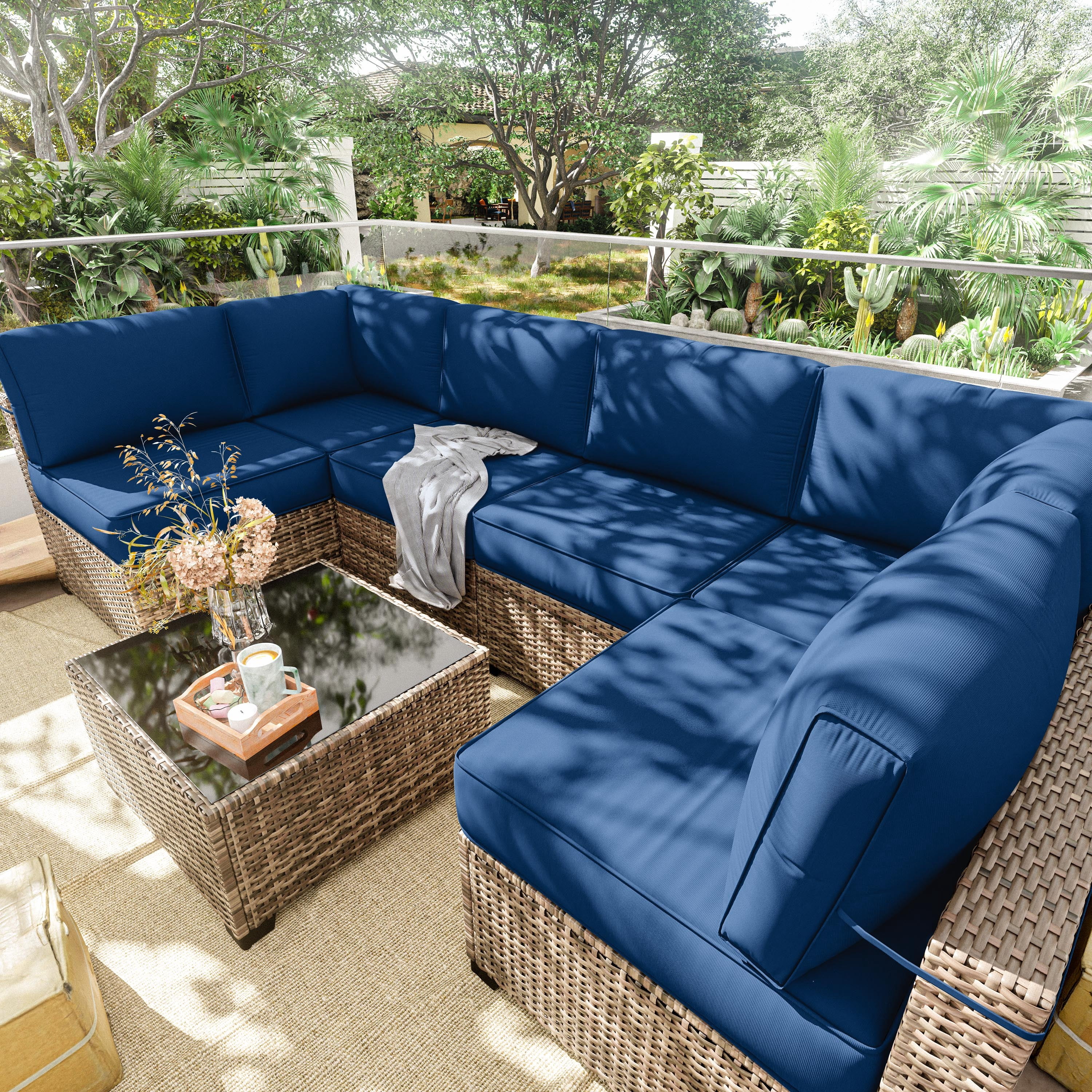 Pakunoda 14 Pieces Outdoor Replacement Cushions, 5” High-Density Foam Sectional Cushions Couch, 6 Seat Patio Conversation Sets for Rattan Wicker, Liner&Cover, Blue