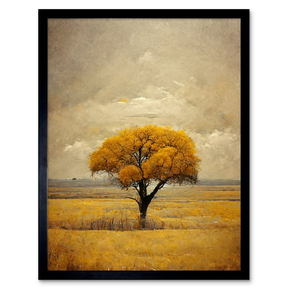 Lone Tree Autumn Landscape Gold Yellow Mustard Art Print Framed Poster Wall Decor 12x16 inch