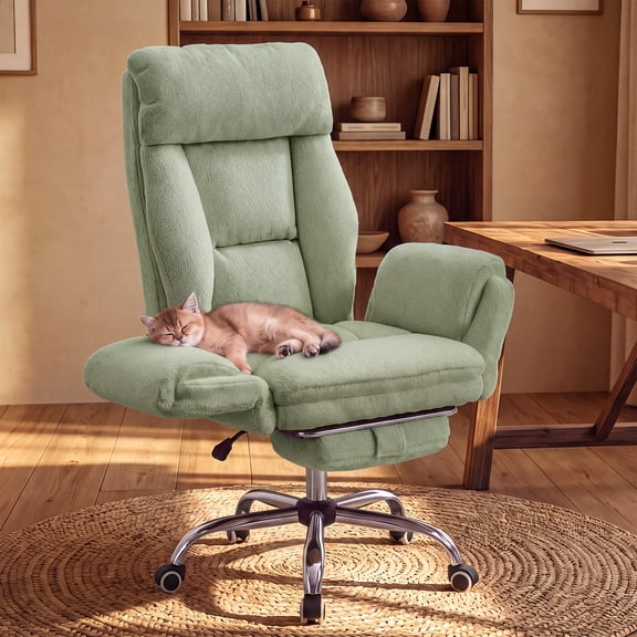 SYVONEX Cross Legged Office Chair, Plush Teddy Fleece Desk Chair with Adjustable Armrests, Big and Tall Office Chair with Footrest, Wide Seat, Green
