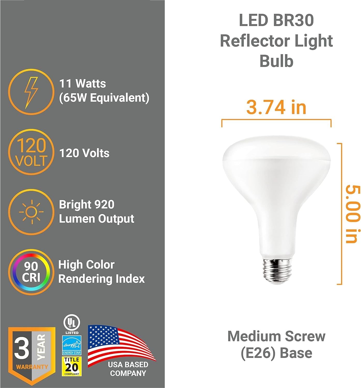 Diodesy- Pack of 6 BR30/LED/11W/927 BR30 LED Reflector Light Bulbs, Indoor Wide Flood Lights, 11W (65W Equivalent), 2700K Warm White, 920 Lumens, Recessed Can Use, Dimmable, Medium E26 Base, UL Listed