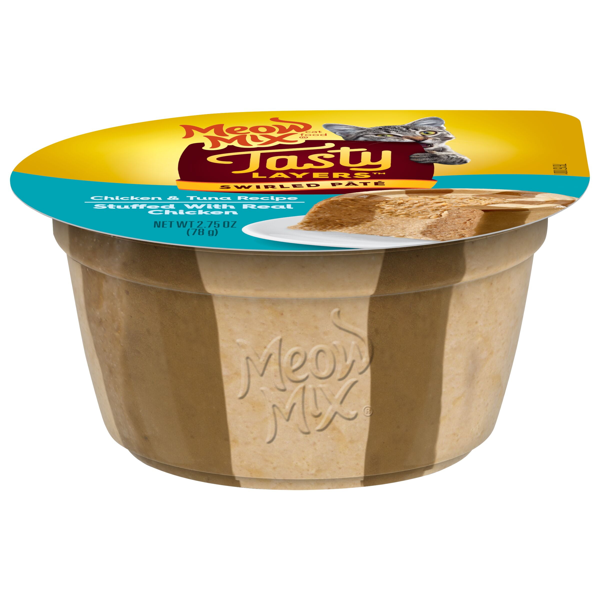 Meow Mix Tasty Layers Swirled Pat Cat Food, Chicken & Tuna Recipe Stuffed with Real Chicken, 2.75 oz Cup