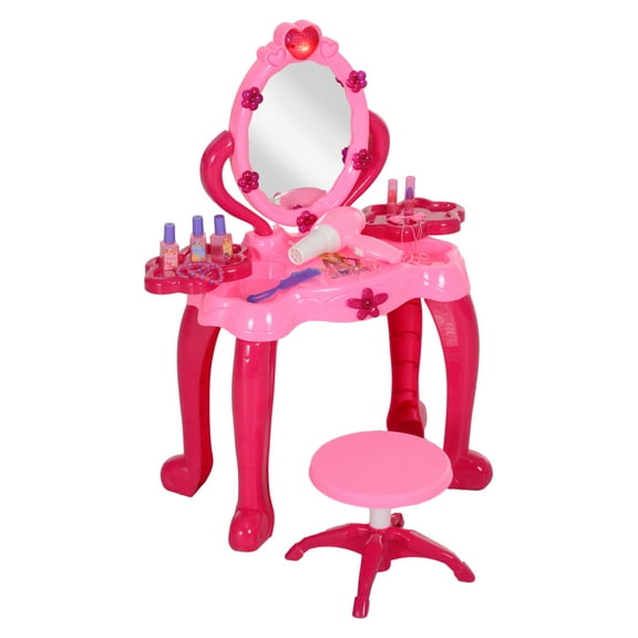 Qaba Kids Vanity Set with Mirror & Stool - Pink Makeup Table for Girls - 15 Accessories, Light & Sound - Pretend Play Hair Salon for Ages 3-6 Pink   Plastic