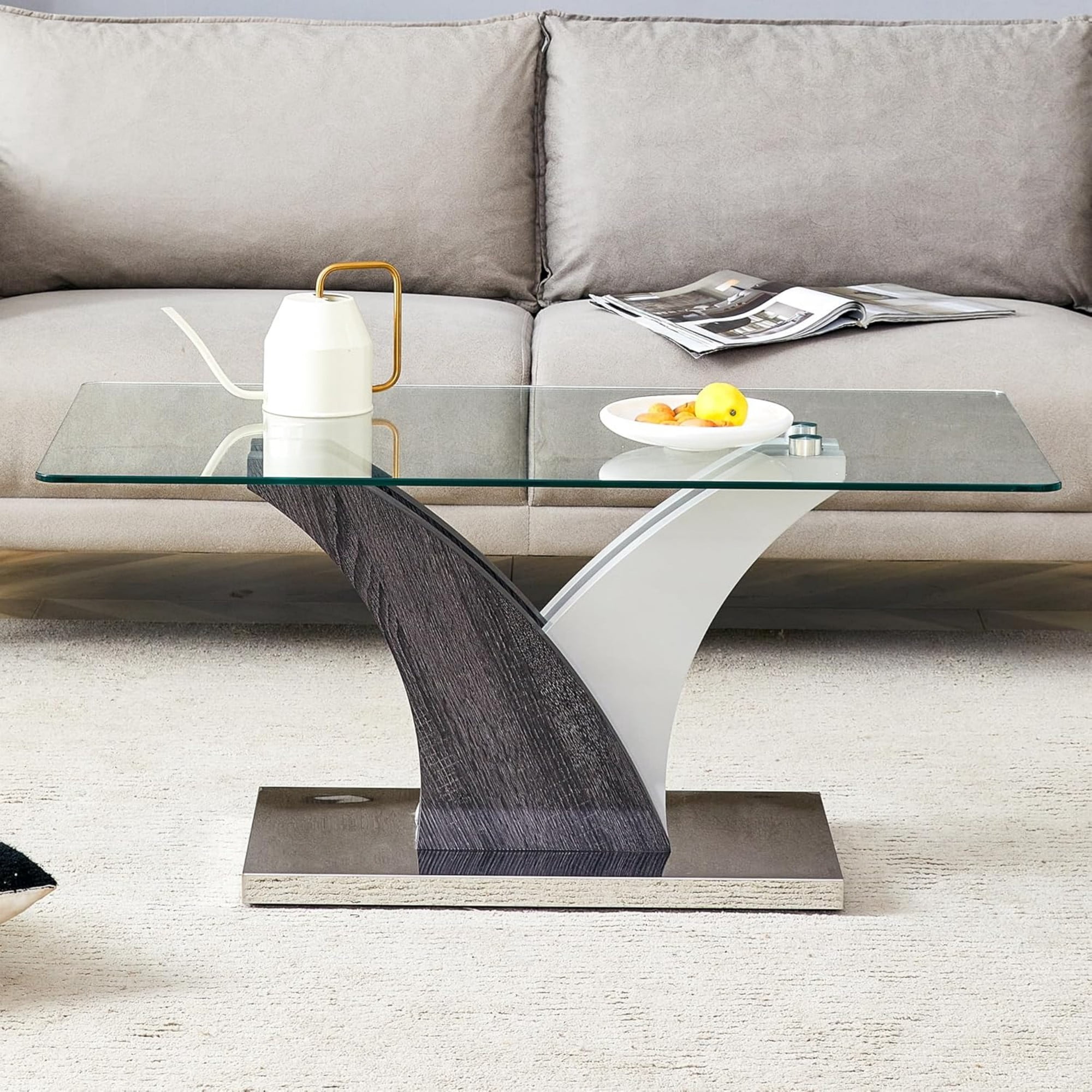 SUDICA 39" Tempered Glass Coffee Table, Modern Center Table with Wood Grain Metal Base