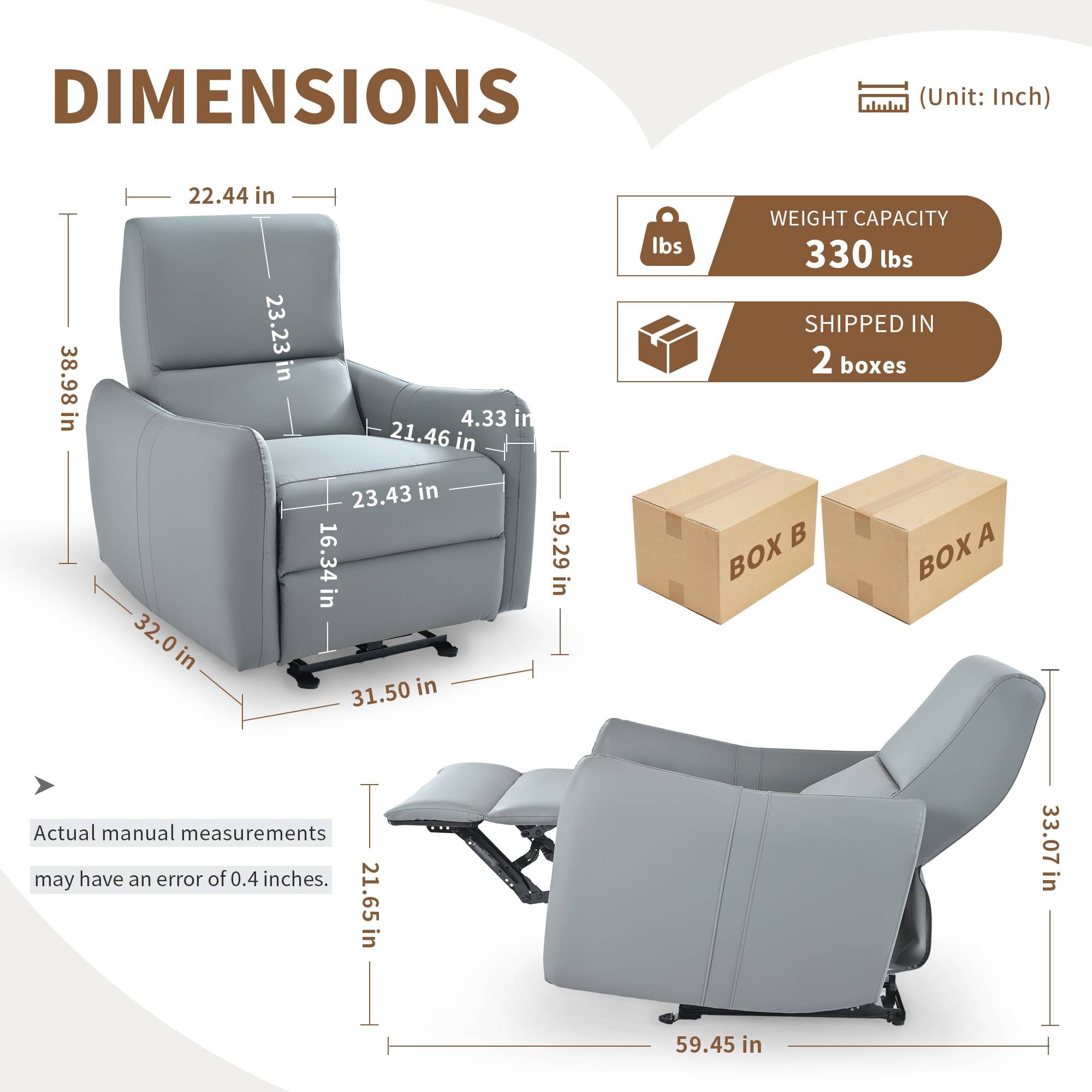 Power Recliner Chairs, Zero Wall Recliners for Adults, Small Leather Recliner Home Theater with Type-C Charger for Living Room, Blue Grey