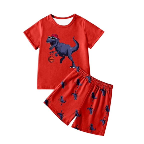 Gelikeya Dinosaur Summer Clothing Sets for Boys 3T-4T Cute Cartoon Print Short Sleeve Sports Athletic Short Sets T Shirt Shorts 2 Piece Outfits (Red, Toddlers)