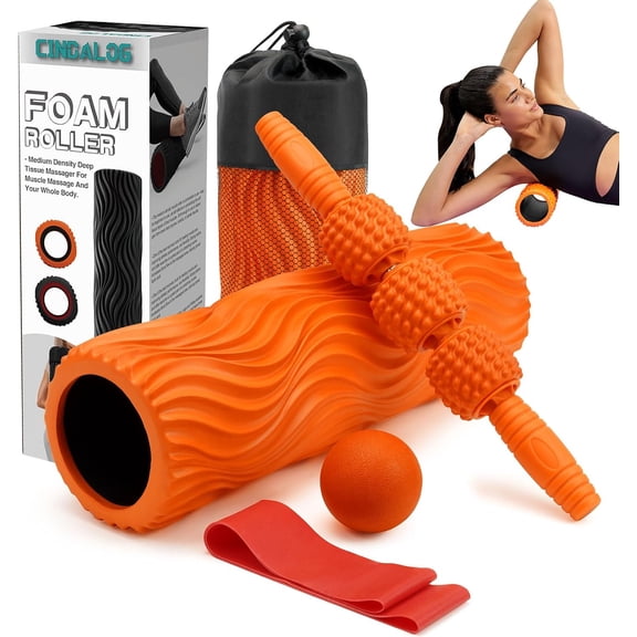 5 in 1 Foam Roller Set - Trigger Point Foam Back Roller, Muscle Roller Stick, Massage Ball, Stretching Band for Deep Muscle Massage Pilates Yoga,Fitness Exercise for Whole Body Release (Orange)