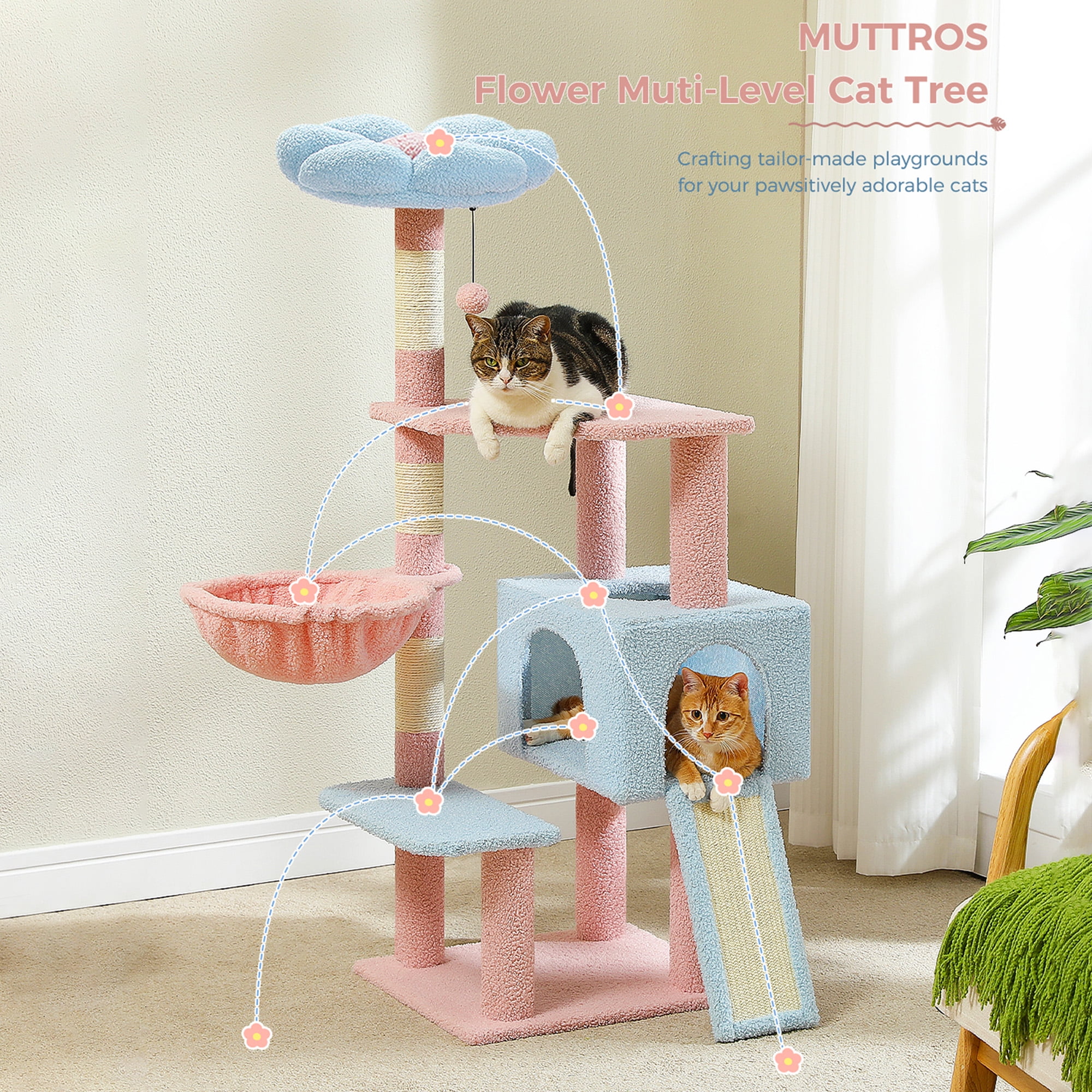 Kadyn 47" Flower Cat Tree Tower for Indoor Cats, Cat Condo with Pink Top Perch for Kittens, Cat Tree House with Sisal Scratching Posts, Blue