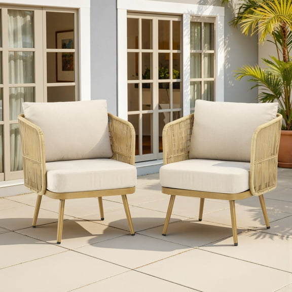 PPorfamilia 2PCS Outdoor Single Armchairs, Natural Wicker and Beige Cushions