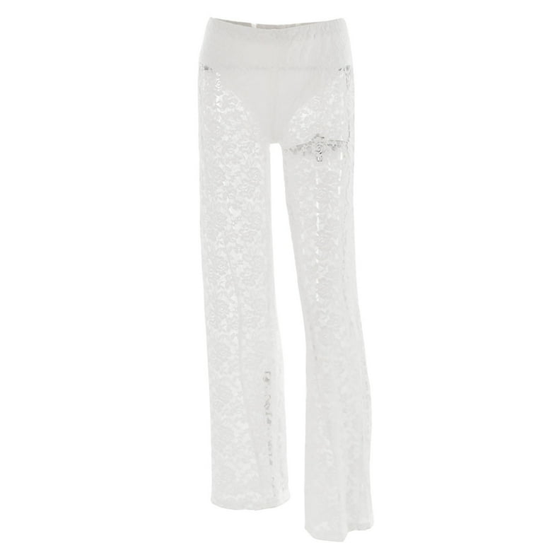 Womens Pants Lace See Through High Waisted Patchwork Long
