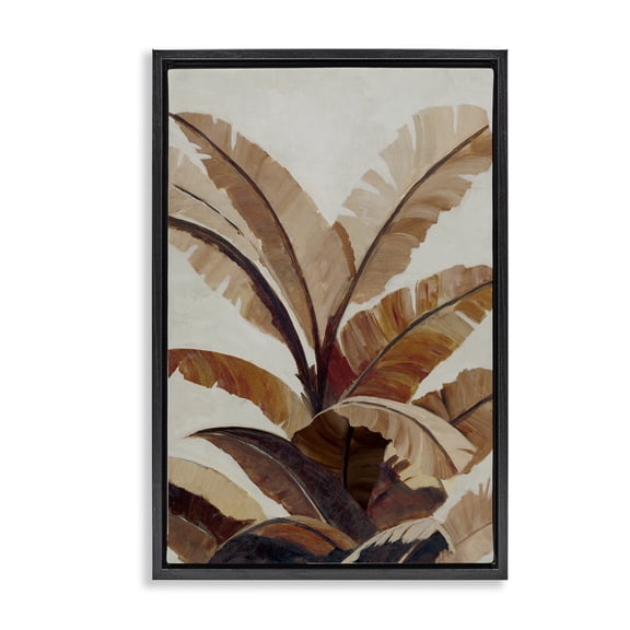 Stupell Industries Neutral Tropical Fan Leaves Plants & Flowers Painting Black Floater Framed Canvas Art Print Wall Art, 17 x 25