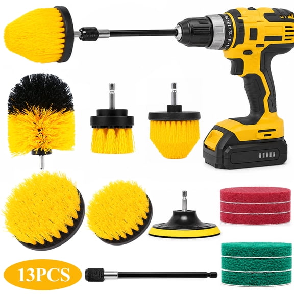 XALMERIQ 13 Pack Drill Brush Attachments Set, Power Scrubber Brush with Extend Long Attachment & Scrub Pads, All Purpose Drill Scrub Brush Kit for Car Cleaning, Grout, Floor, Tub, Bathroom, Kitchen