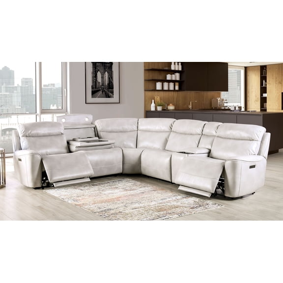 Power Reclining Sectional Couch Light Taupe Leatherette Sofa Corner Wedge Chairs Console Living Room Furniture Recliner L-Shaped Sectional