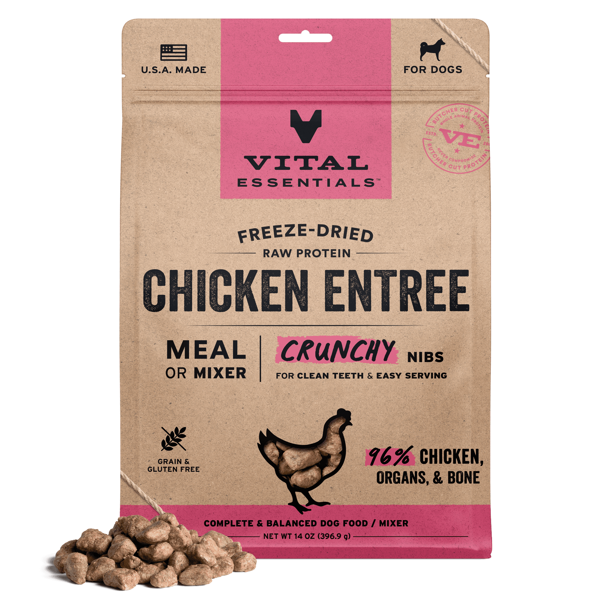 Vital Essentials Freeze Dried Dog Food, Raw Chicken Crunchy Nibs | Complete Meal or Topper | 96% Chicken, Organs & Bone | Limited Ingredient, High Protein, Grain Free Dry Dog Food | 14 oz bag