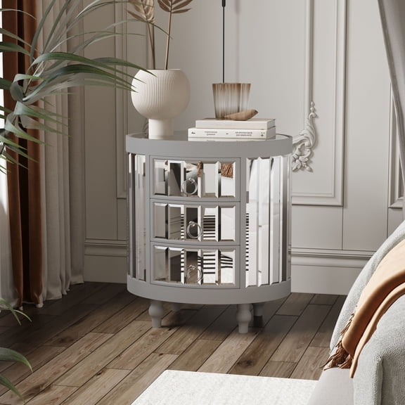 Luxury Oval Mirrored Nightstand Bedroom End Table with 3 Drawers Modern Sofa Side Table Silver
