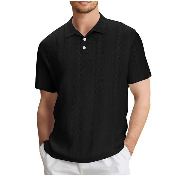 YLSDY Fashion Eyelet Button Collared Shirts for Men Short Sleeve T-Shirts Golf Button Collareds Summer Beach Casual Solid Color Blouse Tops Black M