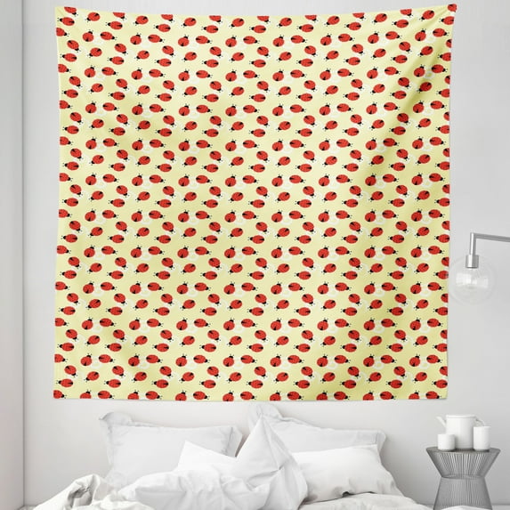 Ladybug Tapestry, Graphic Ladybugs Pattern on a Background with Swirls, Fabric Wall Hanging Decor for Bedroom Living Room Dorm, 5 Sizes, Pale Yellow Vermilion, by Ambesonne