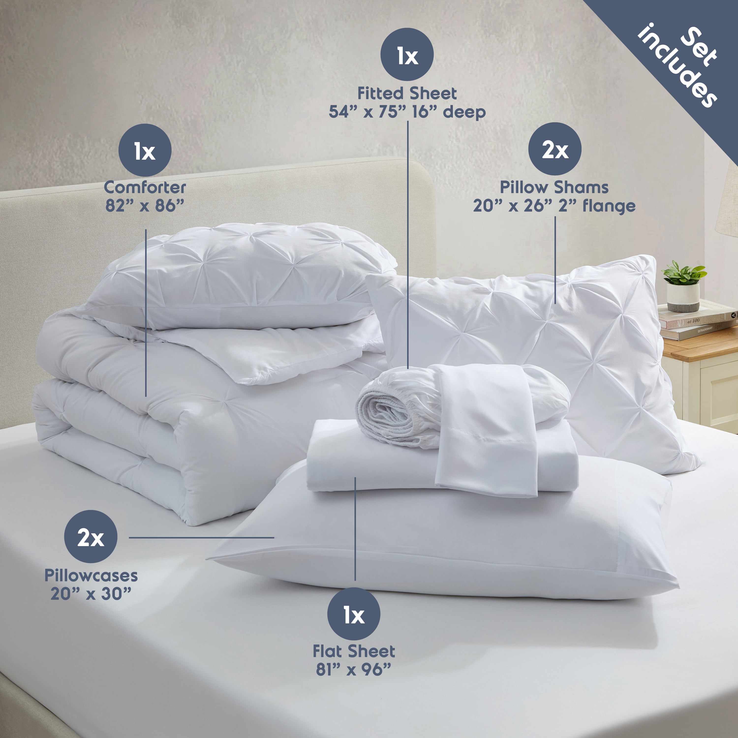 LammaLoe Full Size Comforter Sets, 7 Piece Bed In A Bag Pintuck Bedding Sets, Stone Blue