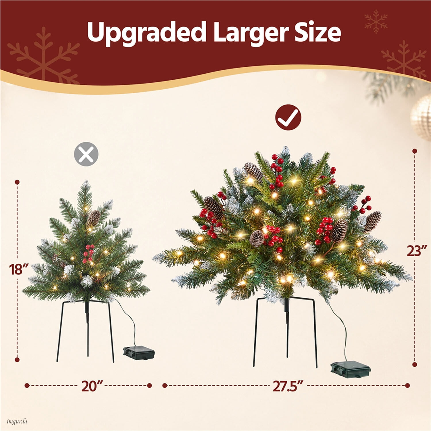 Alden Design Set of 2 Pre-Lit Outdoor Frosted Christmas Trees with LED Lights, Red Berries, Pinecones, Artificial Christmas Trees for Porch, Yard, Green