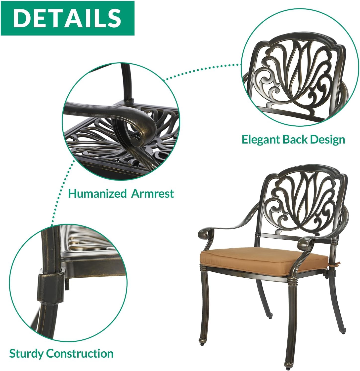 VIVIJASON 9-Piece Patio Furniture Dining Set, Cast Aluminum Rust-Free Outdoor Conversation Set, Include 61" Round Dining Table with 31" Lazy Susan & 8 Cushioned Chairs, Umbrella Hole, Khaki