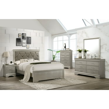 6Pc Silver Finish King Size Panel Upholstered Bed Dresser Mirror Nightstand Chest Set Wooden Bedroom Furniture