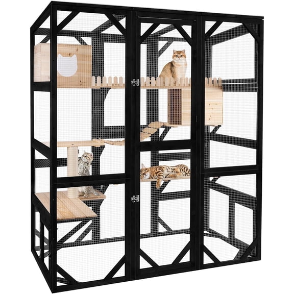 Enclosure Outdoor Wooden Cat House for Multiple Cats Walk in Cage Window Access with Sunlight Friendly Weather-Proof PVC Roof